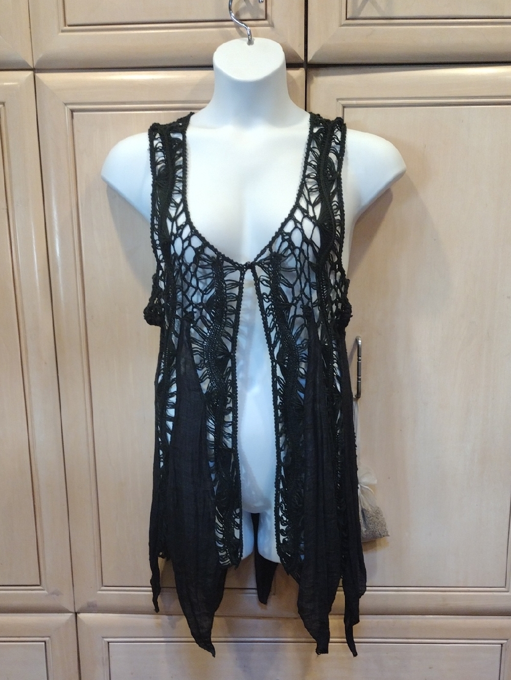 Black Crochet Panel Open-Front Duster Vest